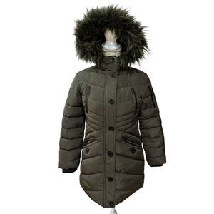 Diesel Girl's 12 Green Winter Puffer Parka with Faux Fur Hood w/ Leather Trim